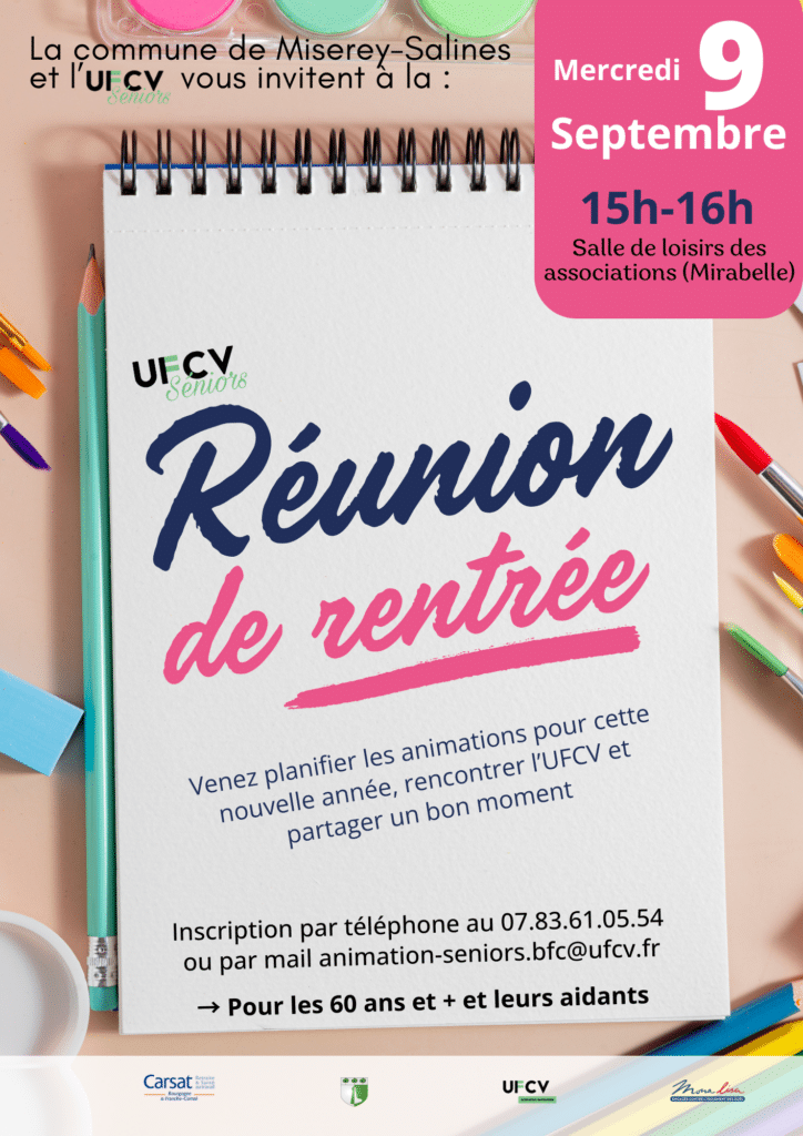 Affiche de la réunion de rentrée UFCV Seniors du 9 septembre 2026 à Miserey-Salines.